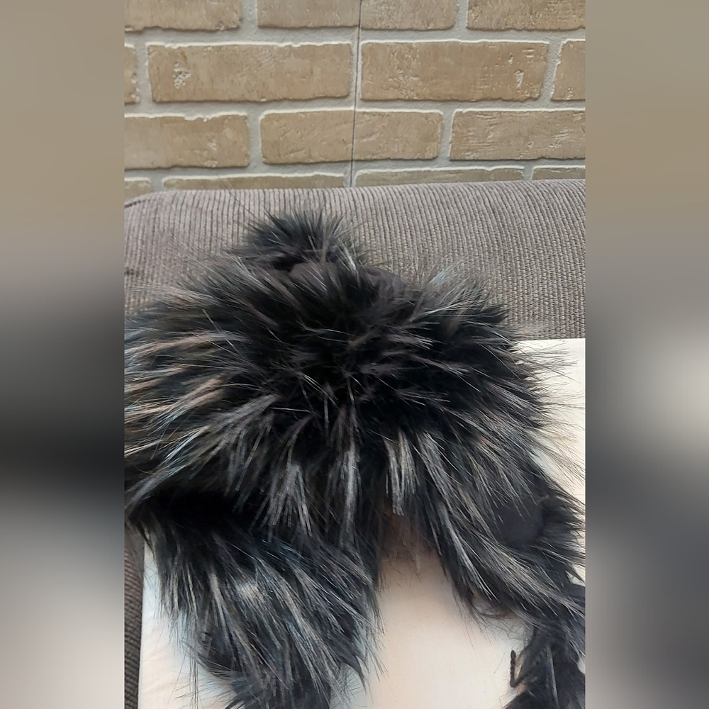 Black Faux Fur Aviator / Trapper Hat with Pom-Pom & Ear Flap Tassels